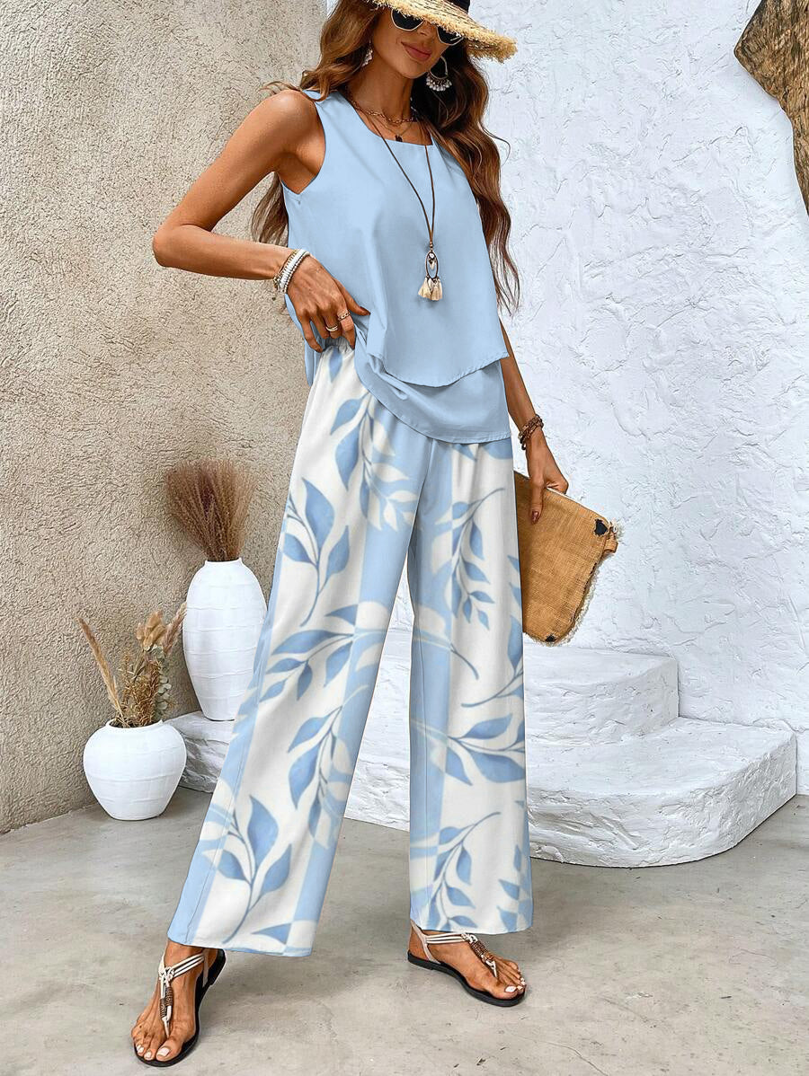 Sleeveless Square Neck Top and Leaf Print Wide Leg Pants Two Piece Set 7