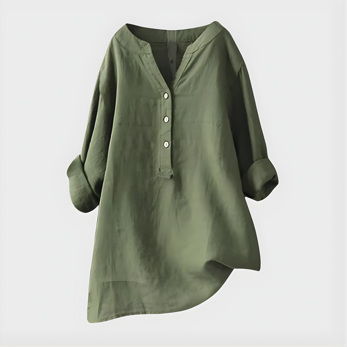 Band Collar Half Button Roll Sleeve Linen Blouse 3