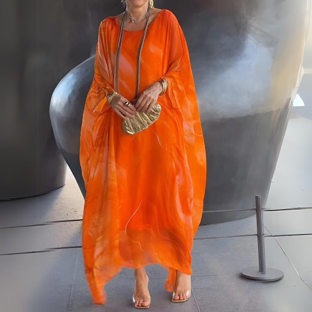 Marble Print Batwing Sleeve Sheer Overlay Kaftan Maxi Dress - View 9