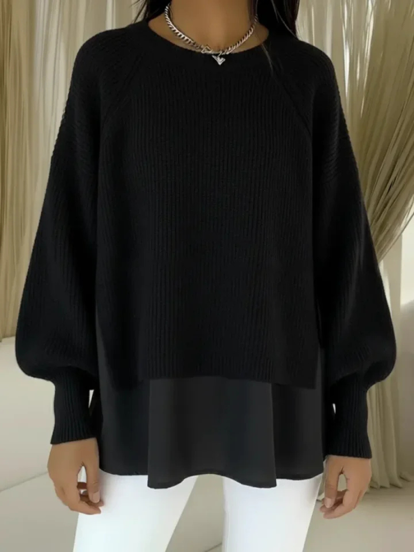 Crew Neck Layered Chiffon Hem Ribbed Knit Sweater 5