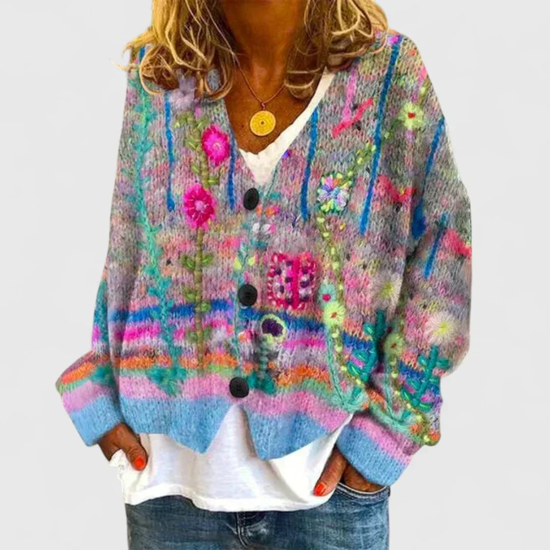 Floral V-Neck Button Front Knit Cardigan