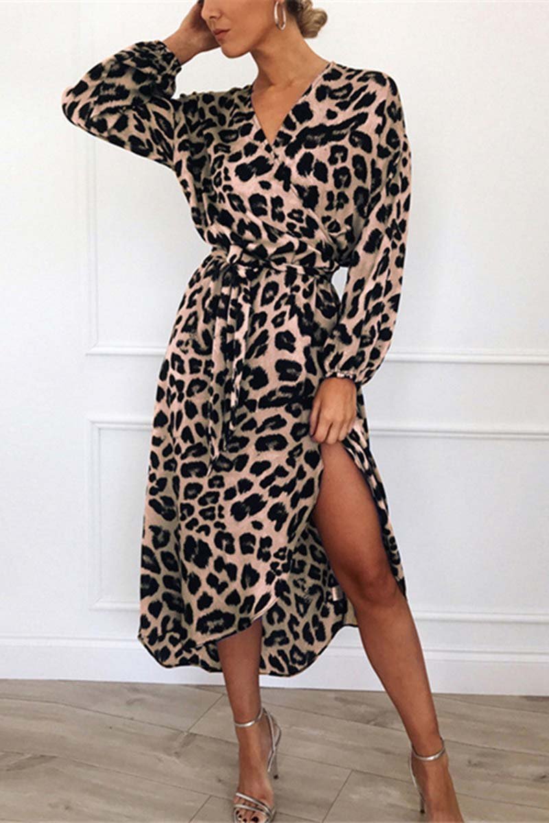 Leopard Print Wrap Deep V-Neck Long Sleeve Tie Waist Midi Dress - View 3