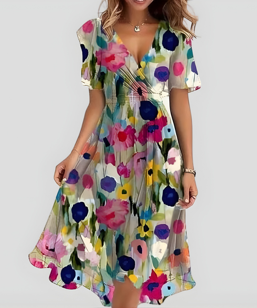 Floral V-Neck Flutter Sleeve Wrap High Low Midi Dress 2
