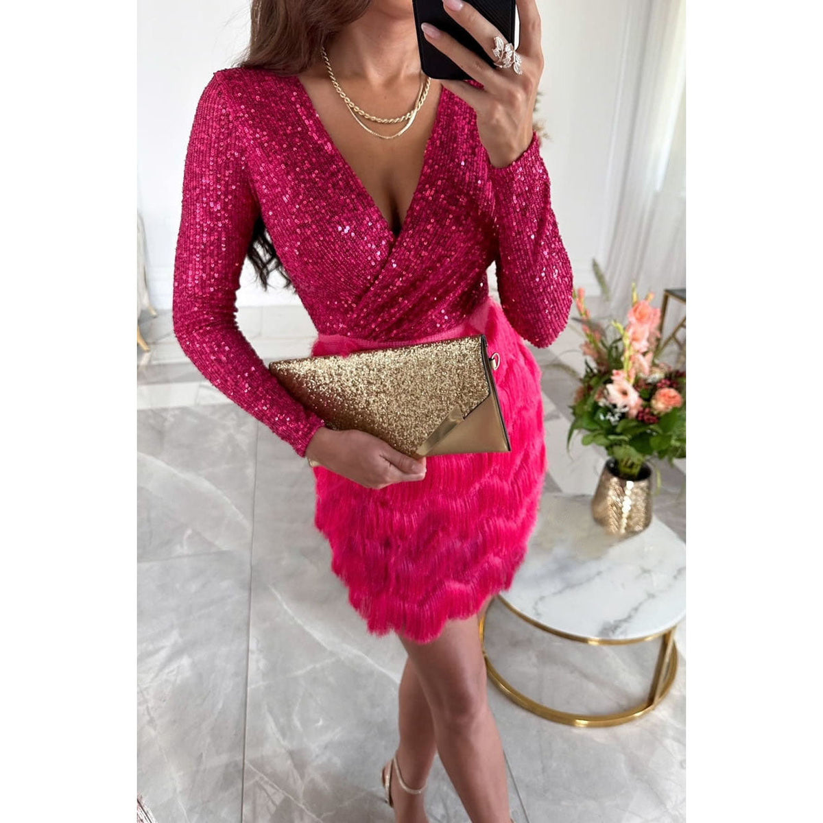 Sequin Wrap V-Neck Long Sleeve Tiered Fringe Cocktail Mini Dress - View 2