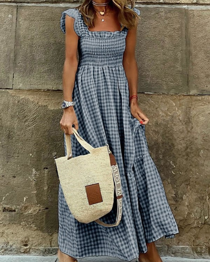 Gingham Smocked Square Neck Tiered Ruffle Cap Sleeve Maxi Dress - View 4