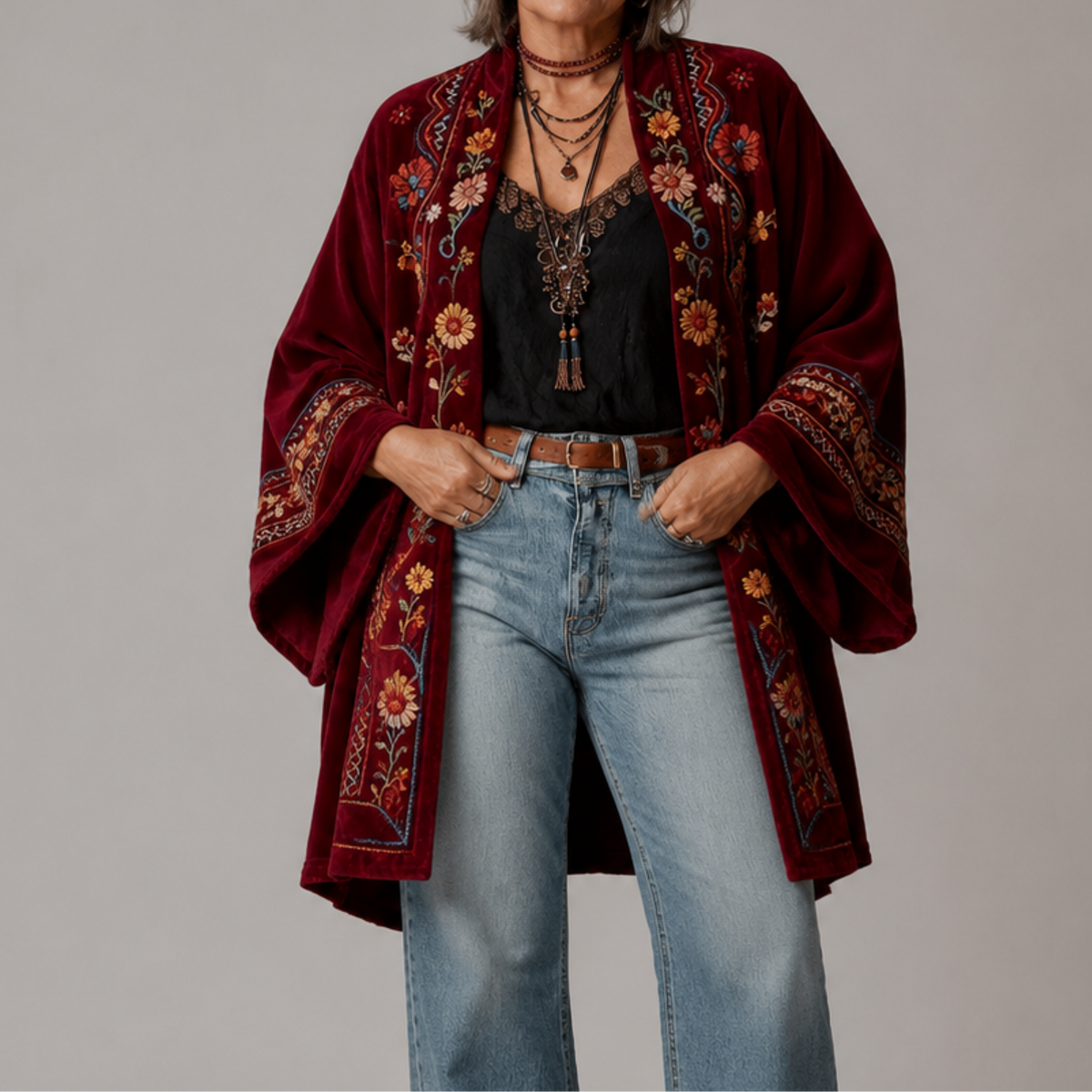 Paisley Print Velvet Open Front Kimono Jacket 5