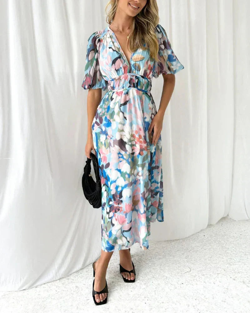 Floral Print V-Neck Long Sleeve Belted Maxi Dress 7