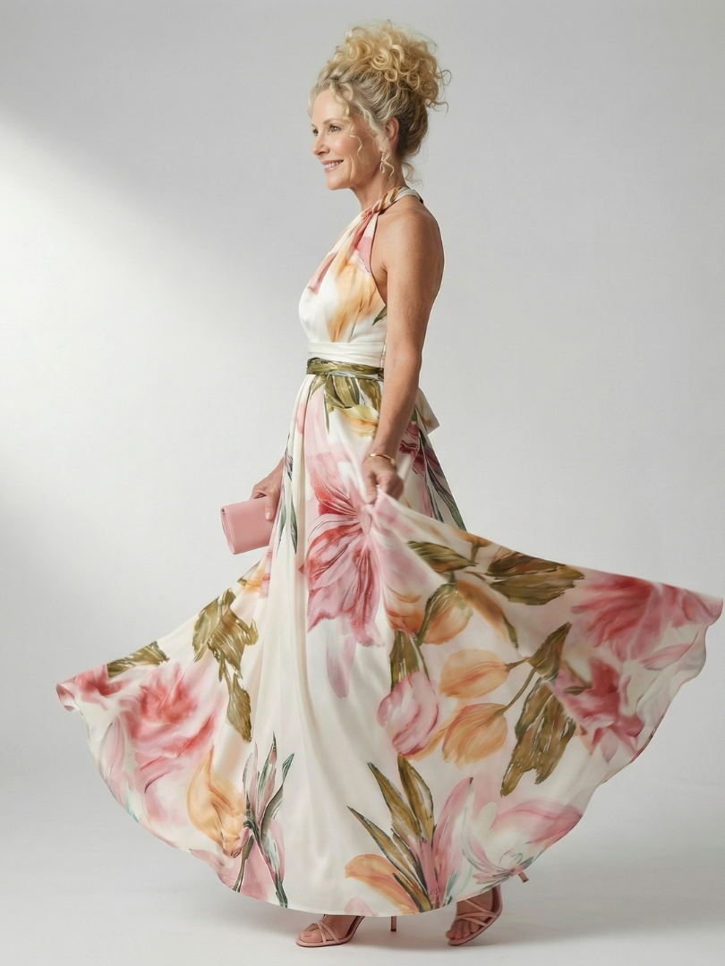 Floral Print One Shoulder Satin Maxi Dress 2