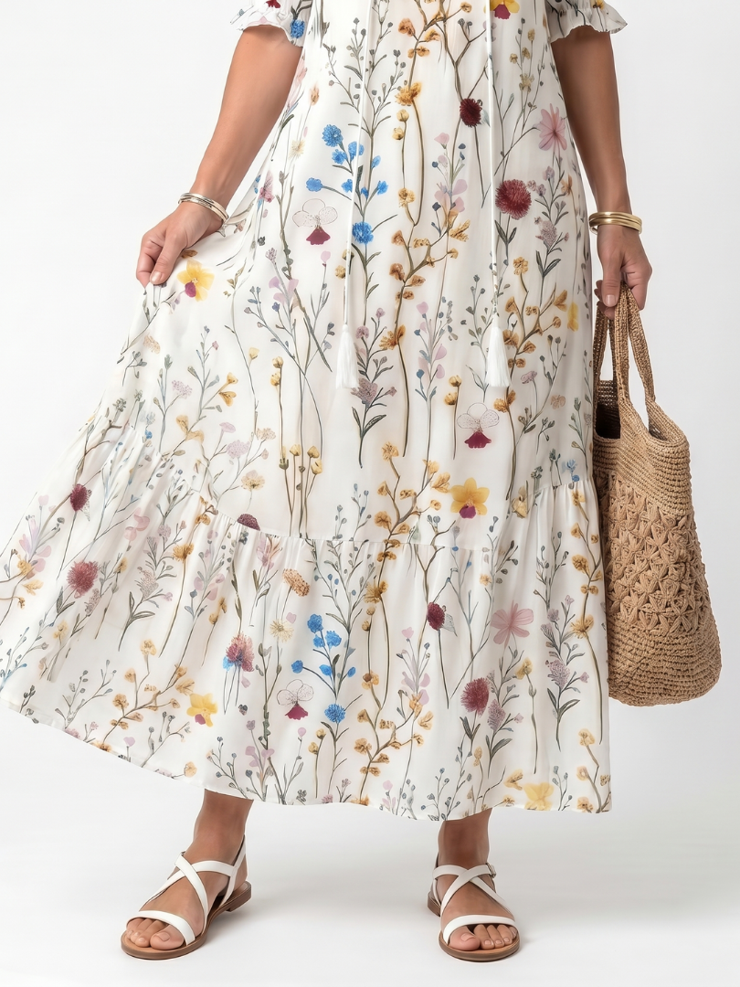 Floral Print V-Neck Puff Sleeve Tiered Maxi Dress 3