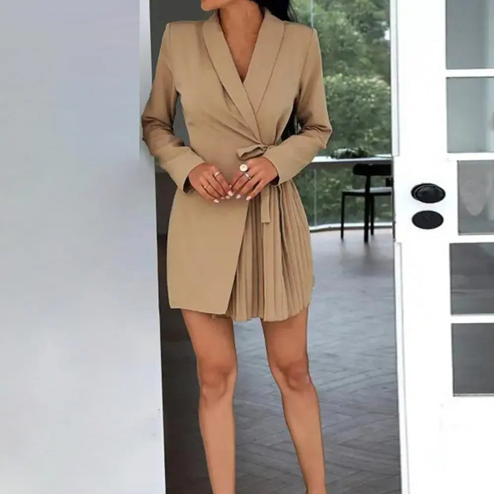 Deep V-Neck Blazer Wrap Tie Waist Pleated Hem Mini Dress - View 6