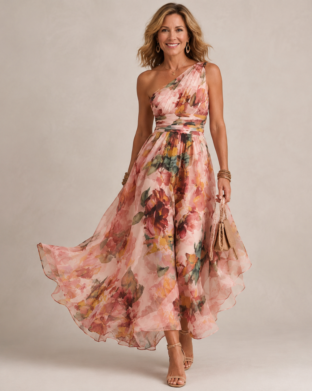 One Shoulder Floral Print Ruched Waist Flowy Maxi Dress