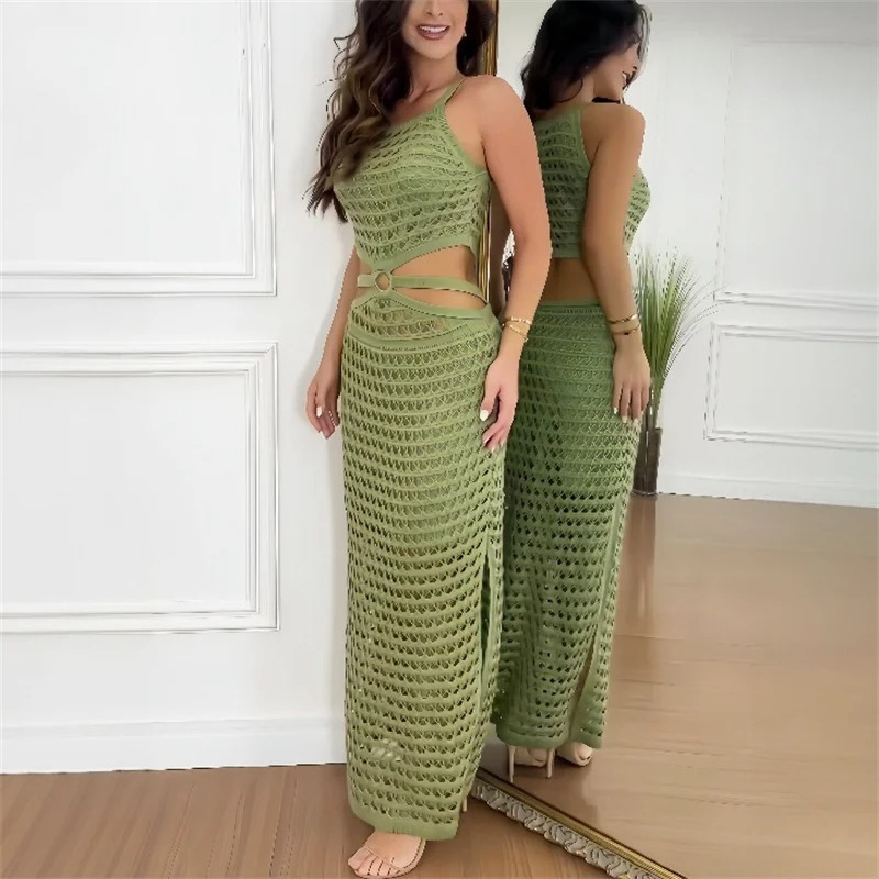 Open Knit Mesh Sleeveless Cut Out O-Ring Waist High Split Dress
