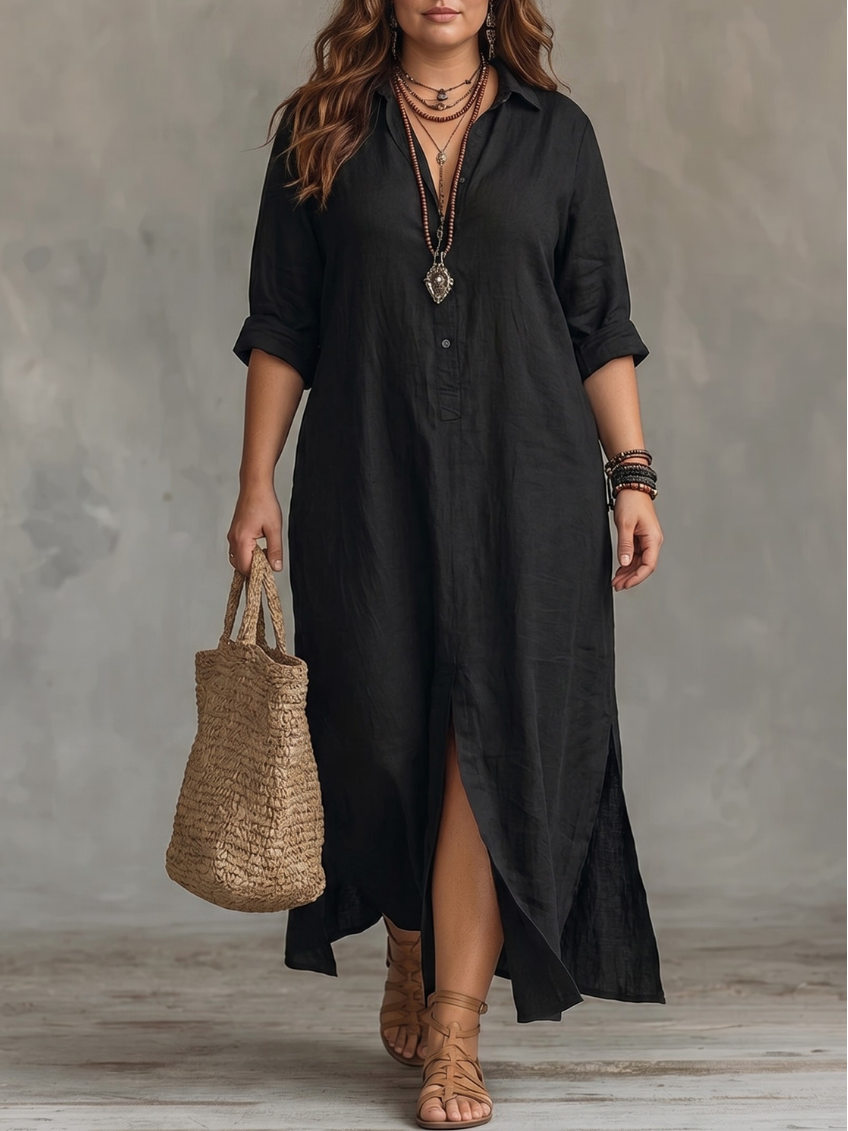 Collared Button Front Long Sleeve Side Split Maxi Shirt Dress 2
