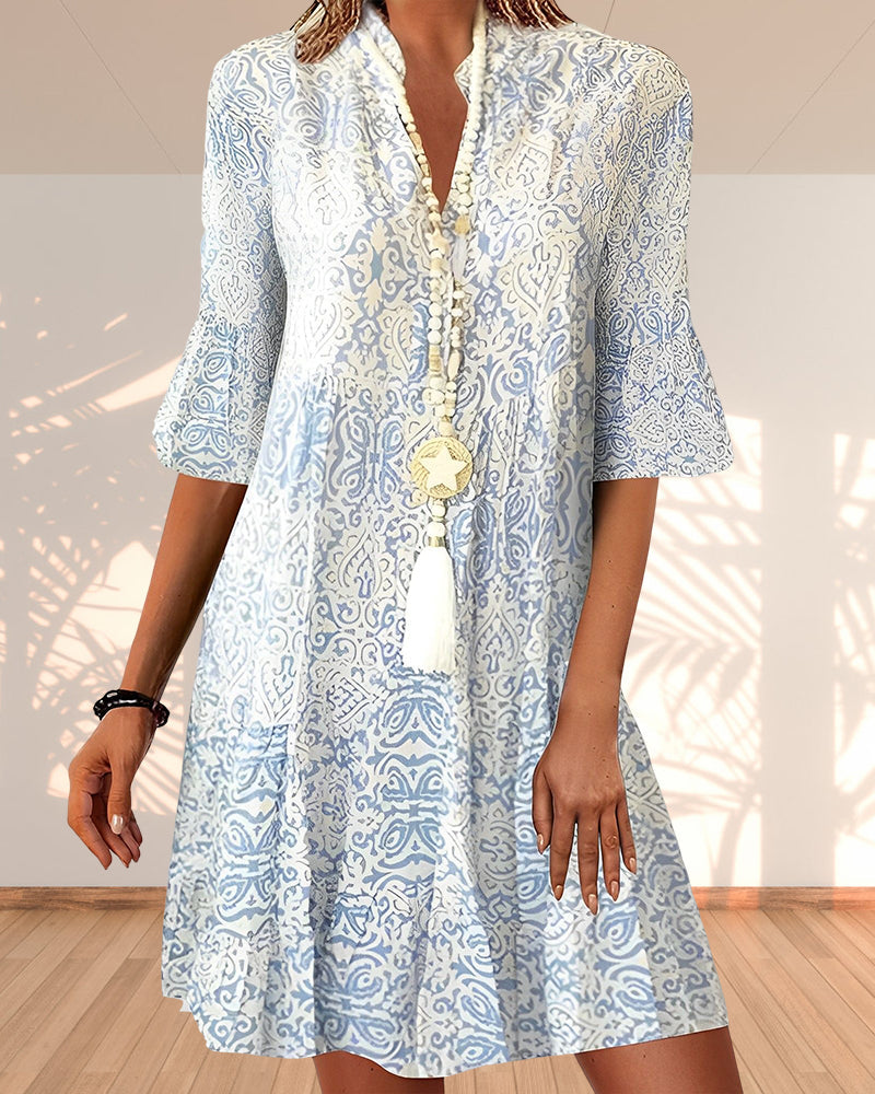 V-Neck Flare Sleeve Tiered Swing Midi Dress
