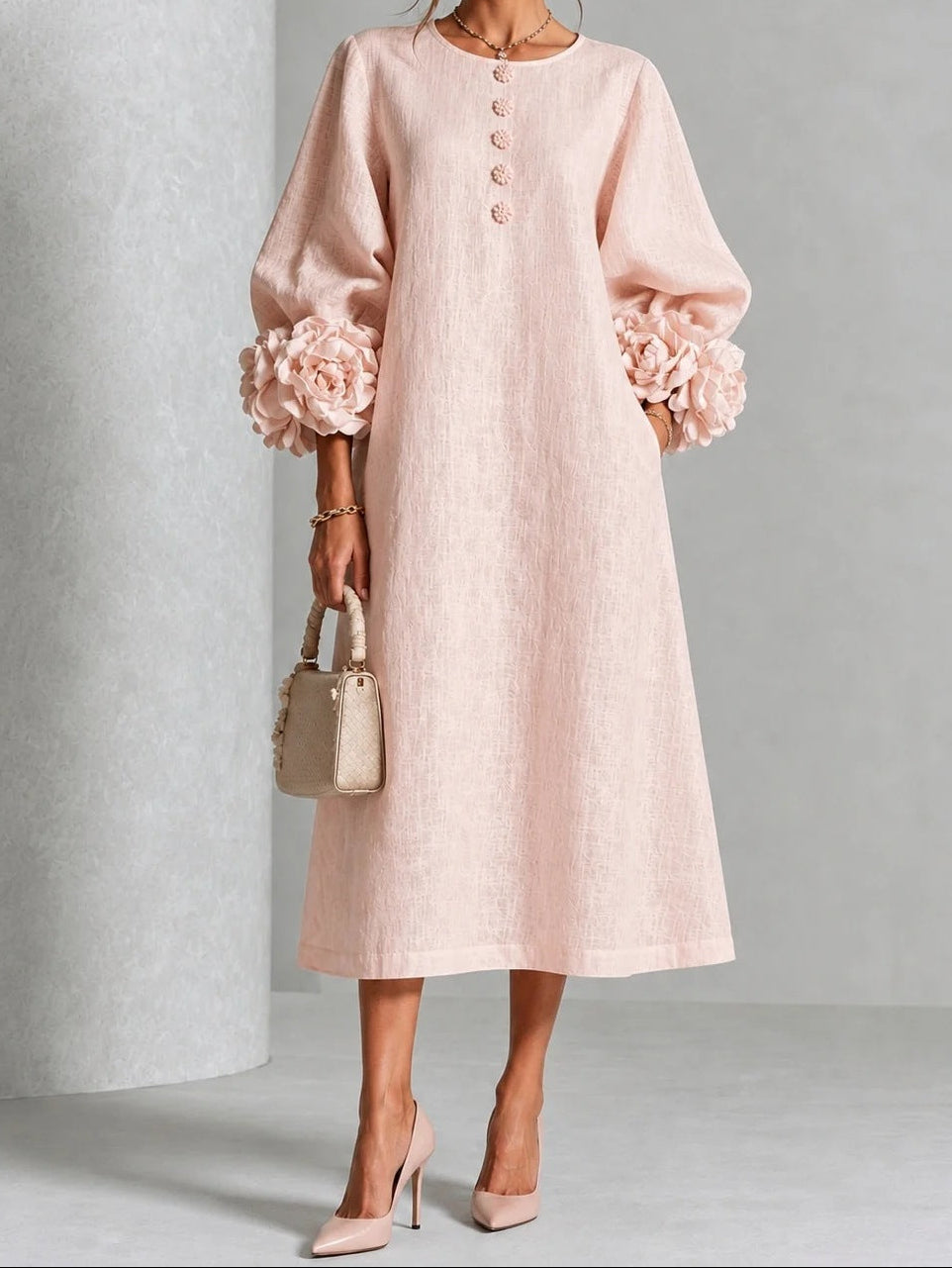Round Neck 3D Floral Cuff Button Front Midi Dress 9