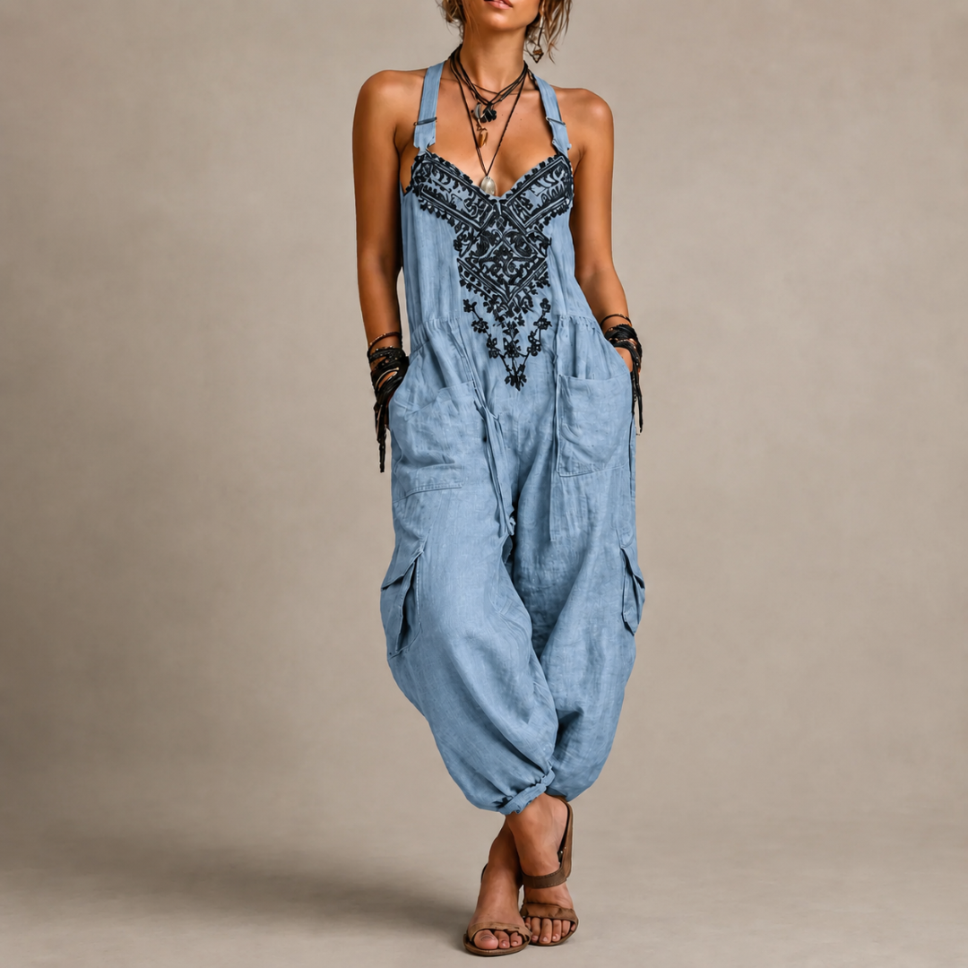 Embroidered Bodice Halter Neck Cargo Harem Jumpsuit 5