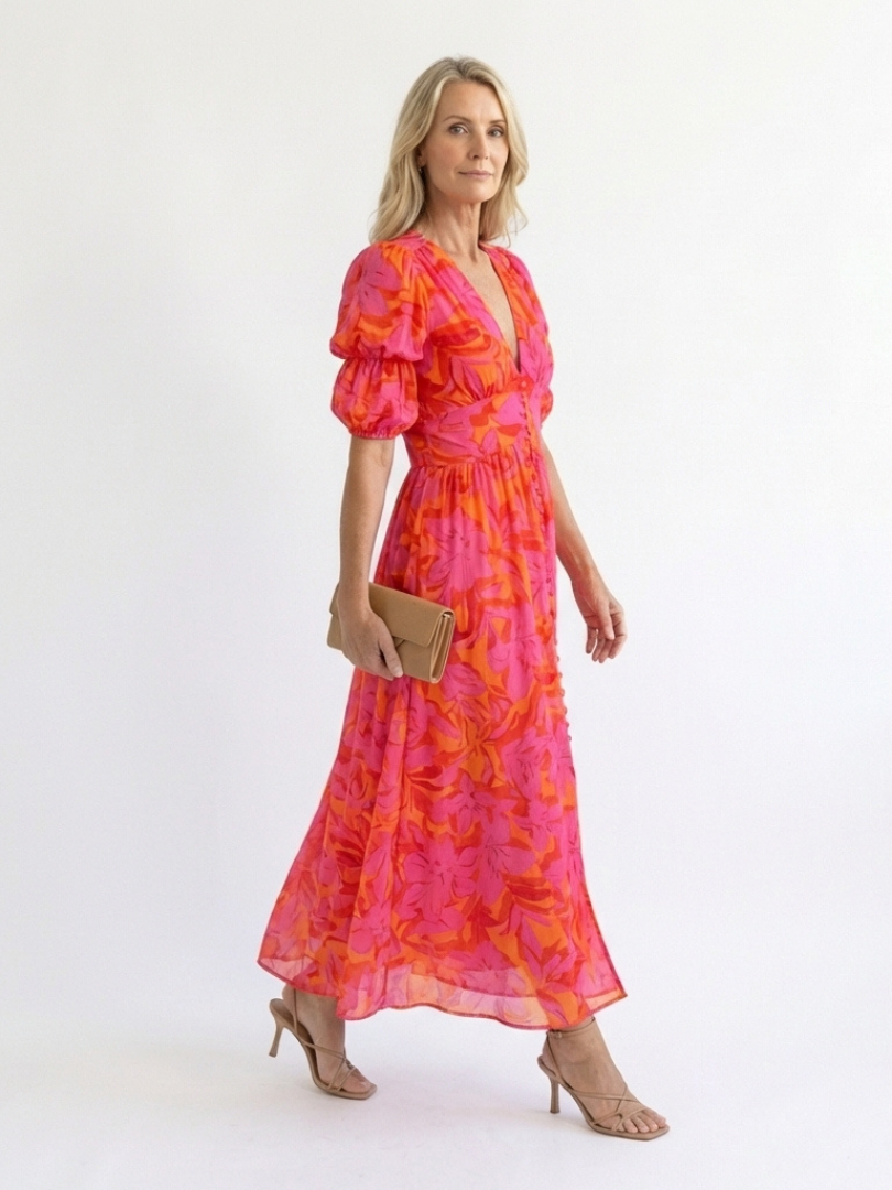 Floral V-Neck Puff Sleeve Button Front Midi Dress 3