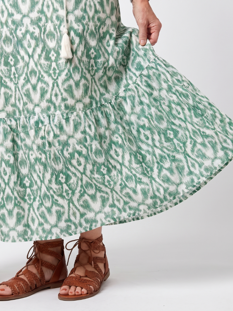 Ikat Print Tie Neck Roll Tab Sleeve Tiered Maxi Dress 3