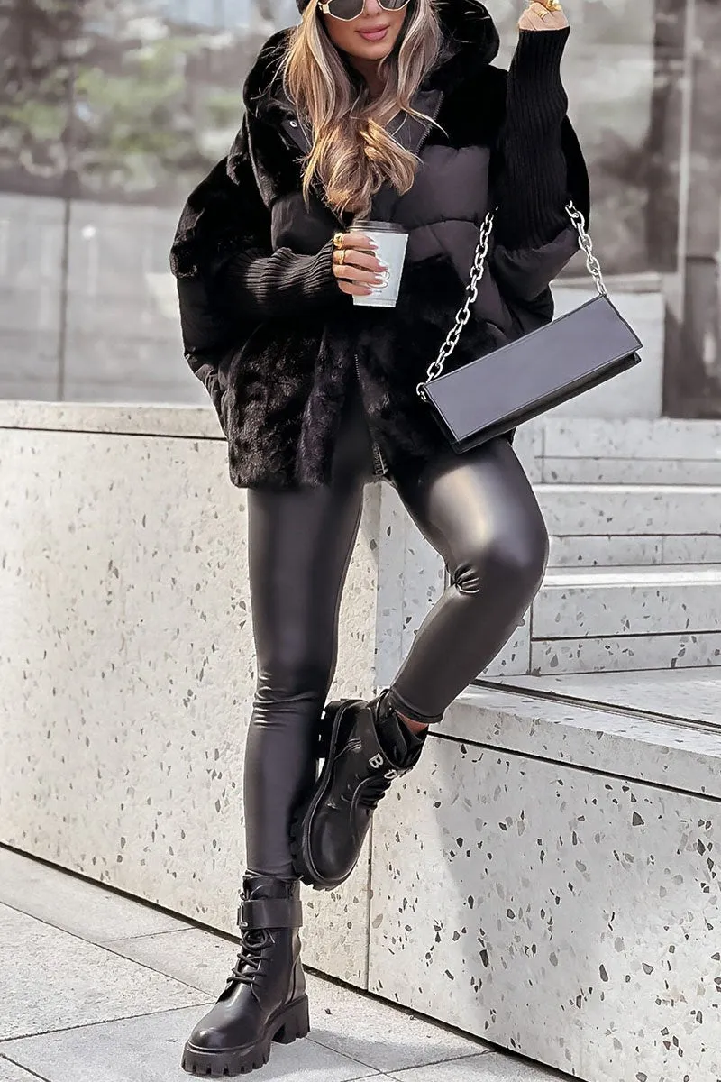 Hooded Faux Fur Ribbed Cuff Padded Puffer Jacket 13