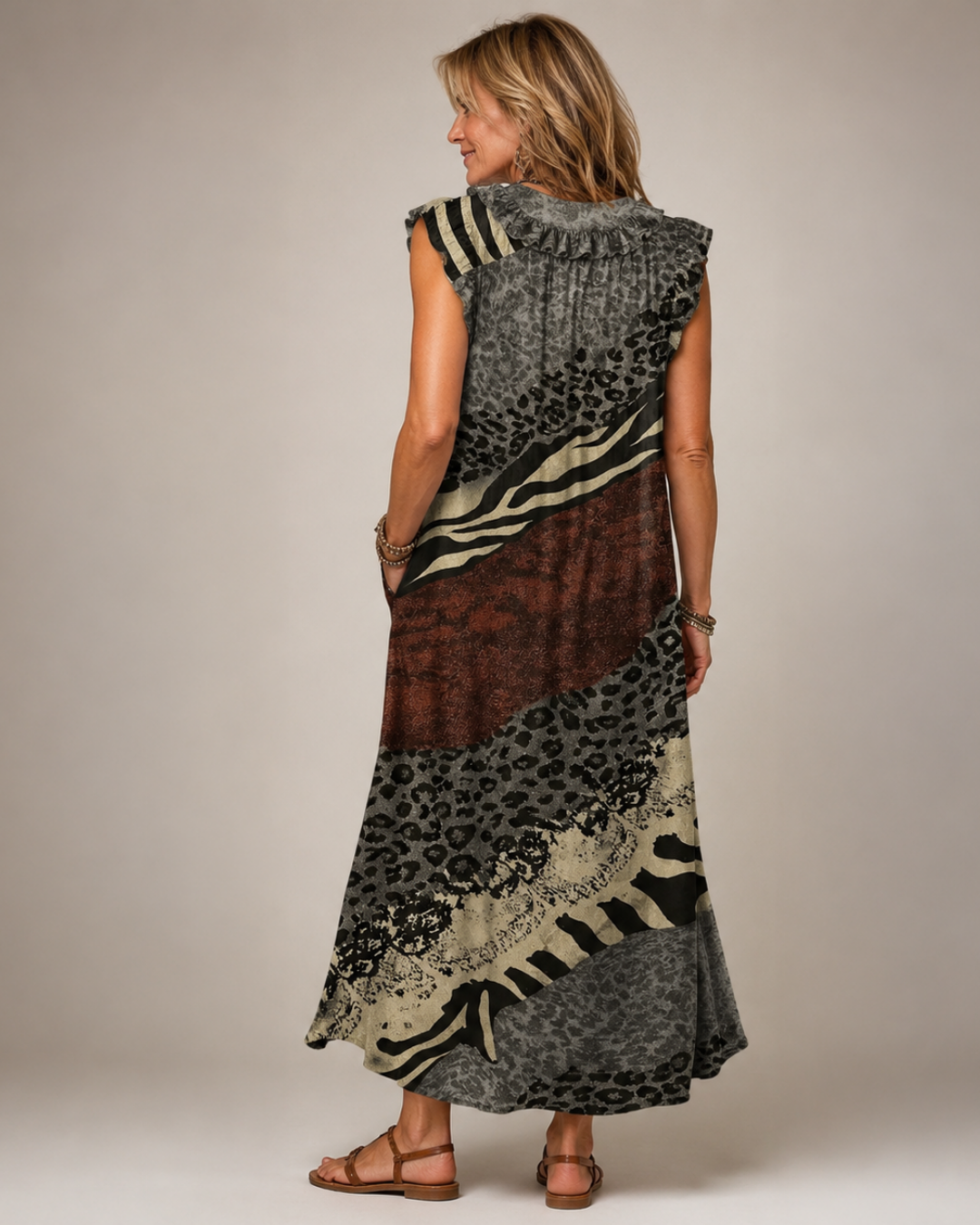 Mixed Animal Print V-Neck Ruffle Sleeveless Maxi Dress 2