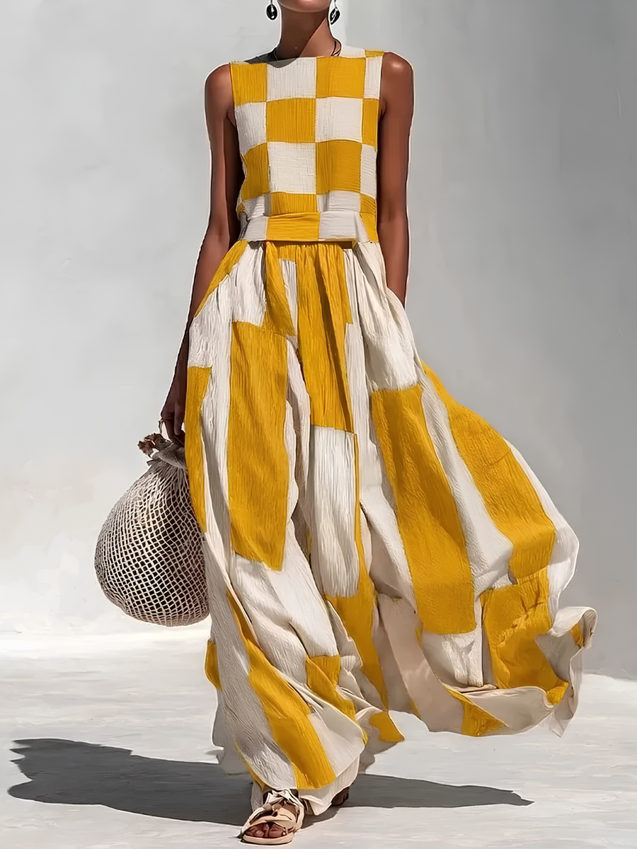Checkerboard Stripe Panelled Sleeveless Maxi Dress 7
