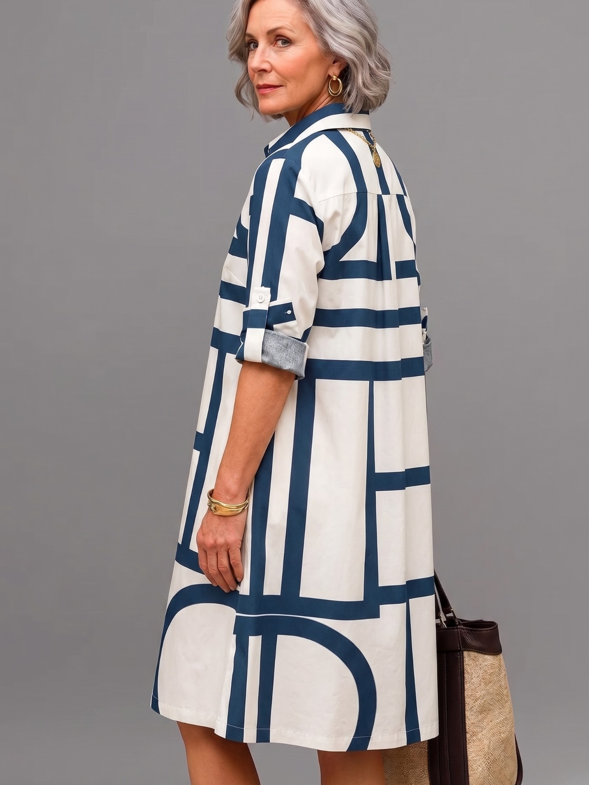 Geometric Print Button Front A-Line Midi Shirt Dress 2