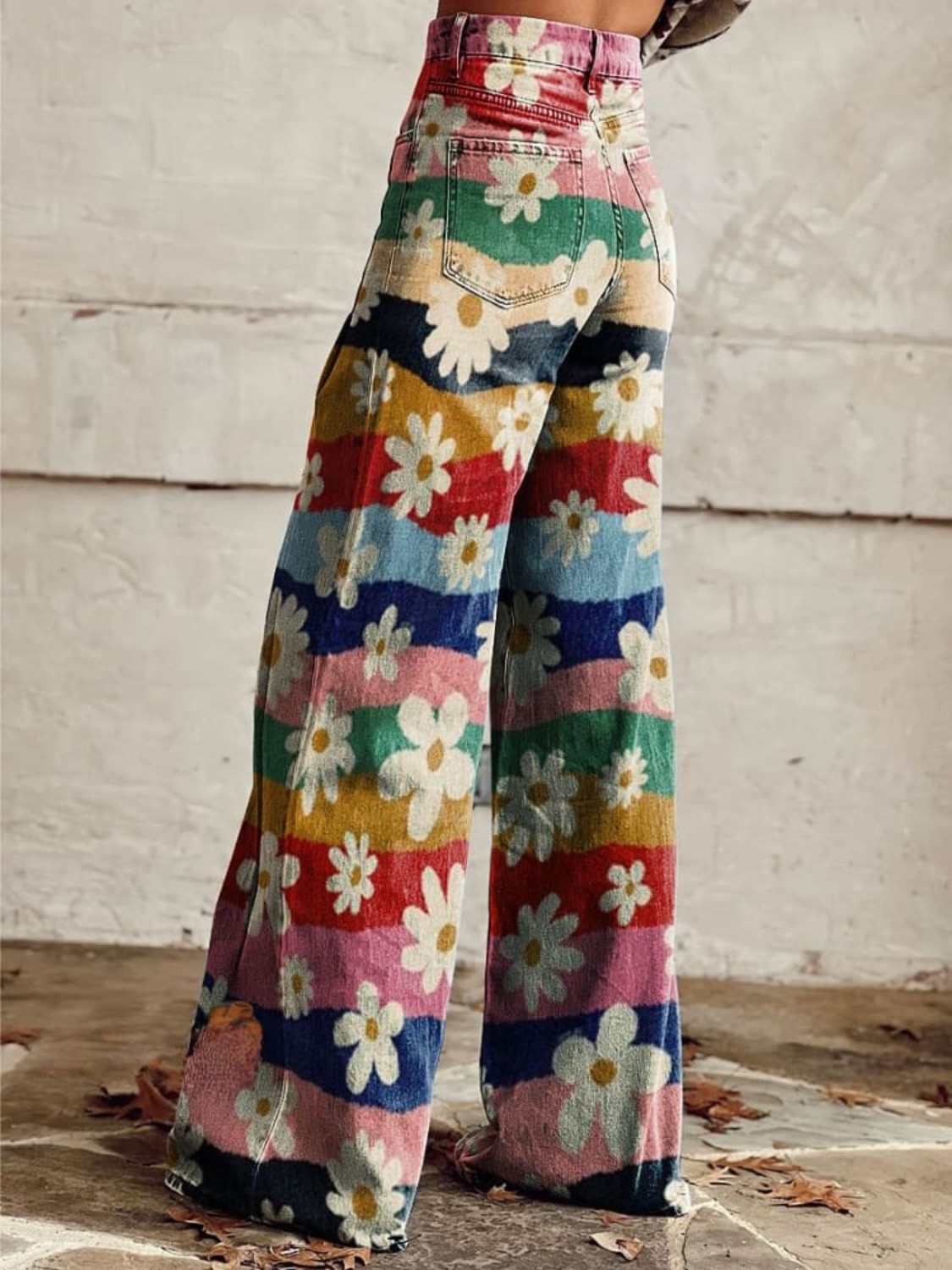 Daisy Floral Stripe Print High Waist Wide Leg Pants 2