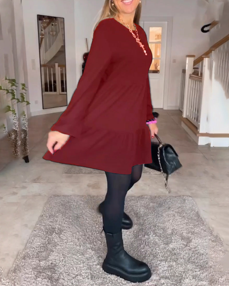Long Sleeve Crew Neck Tiered Smock Babydoll Mini Dress - View 9