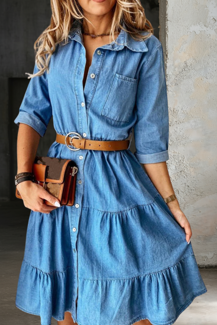 Button Front Tiered Belted Denim Shirt Dress Midi 2
