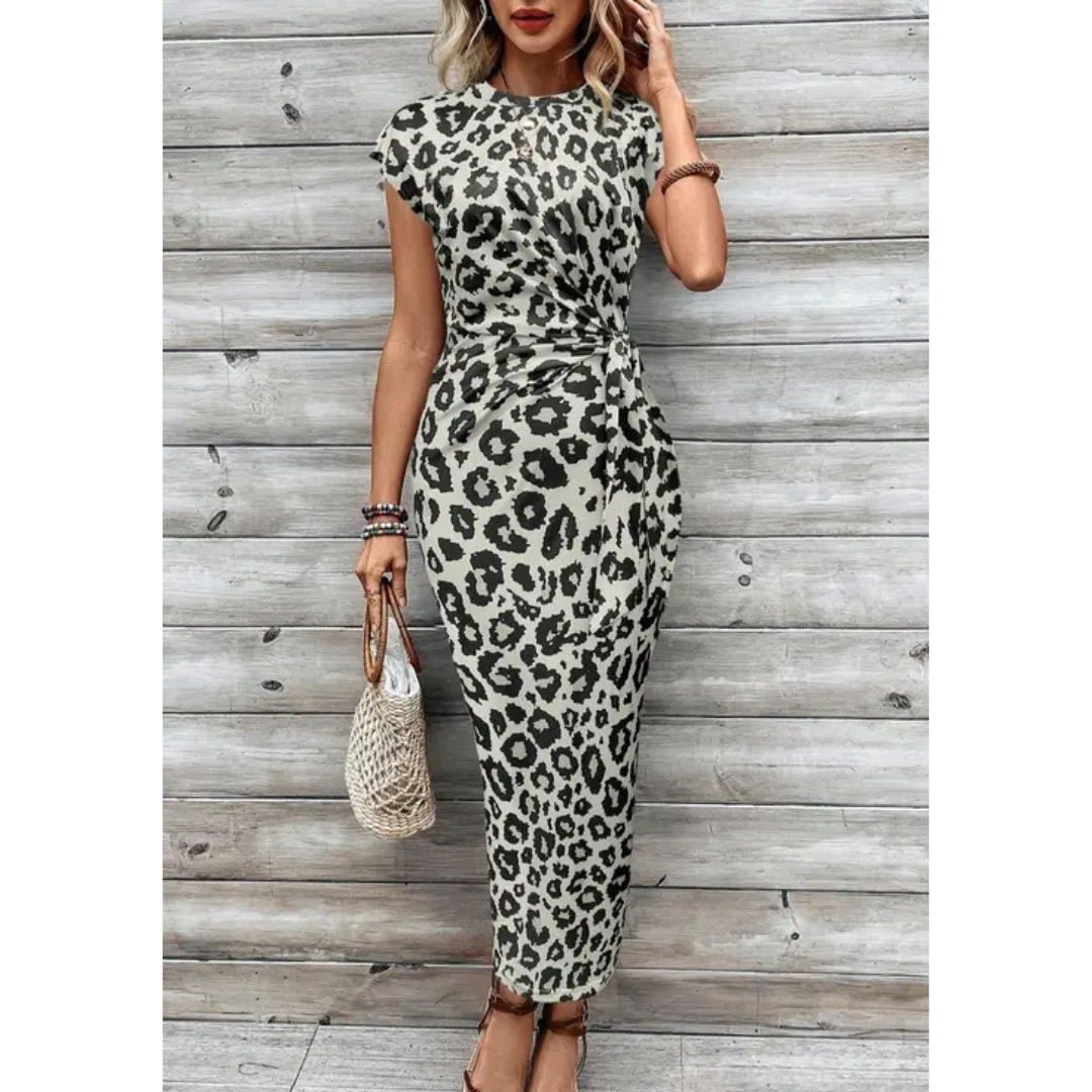 Leopard Print Cap Sleeve Tie Waist Bodycon Maxi Dress 2