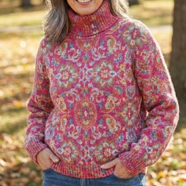 Turtleneck Long Sleeve Medallion Print Knit Sweater 3