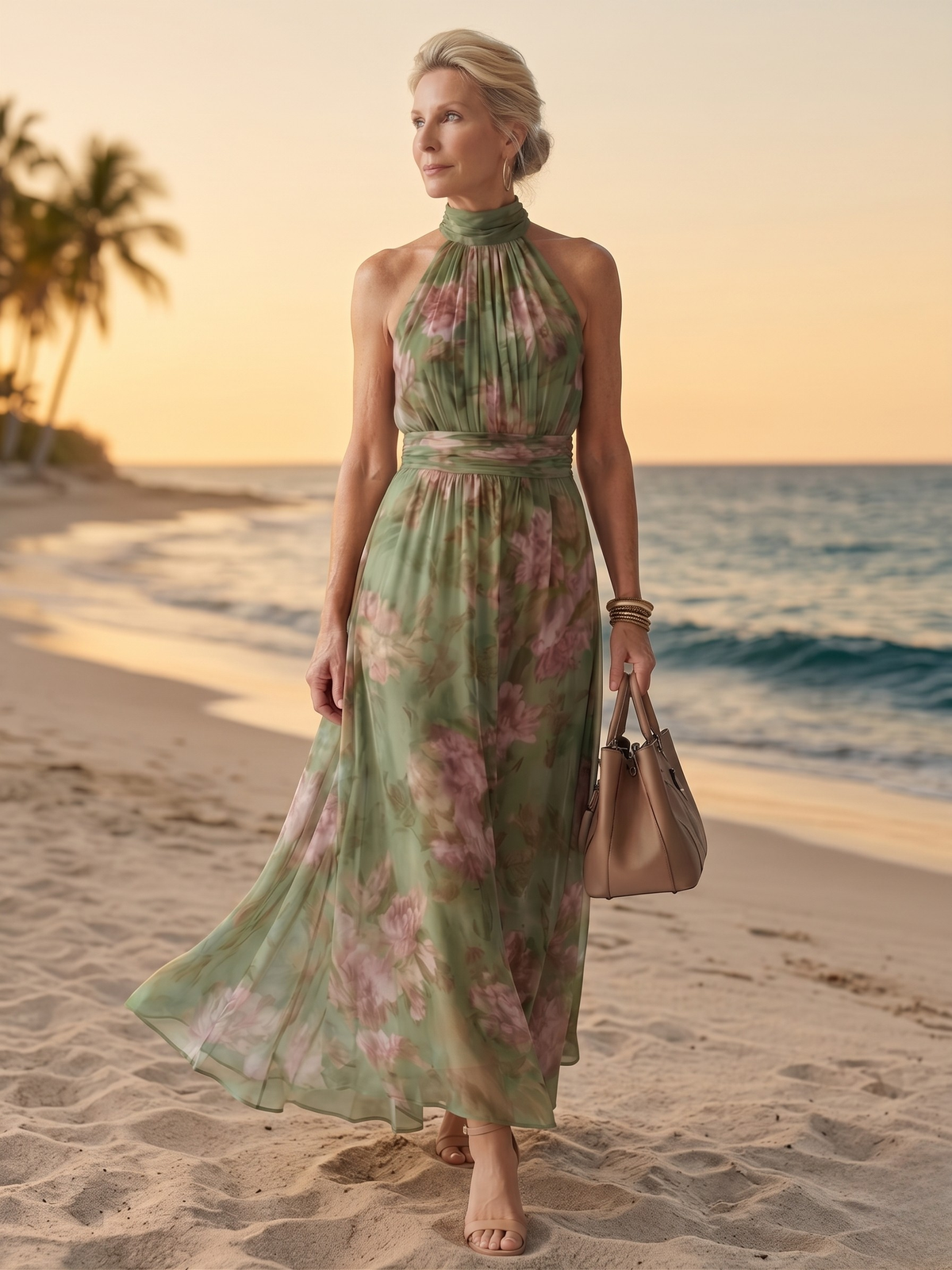 Floral Halter Neck Gathered Maxi Dress