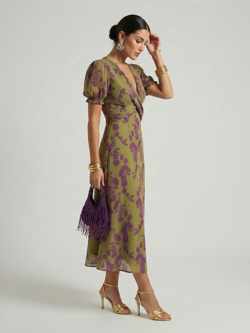Floral V-Neck Puff Sleeve Wrap Midi Dress 2