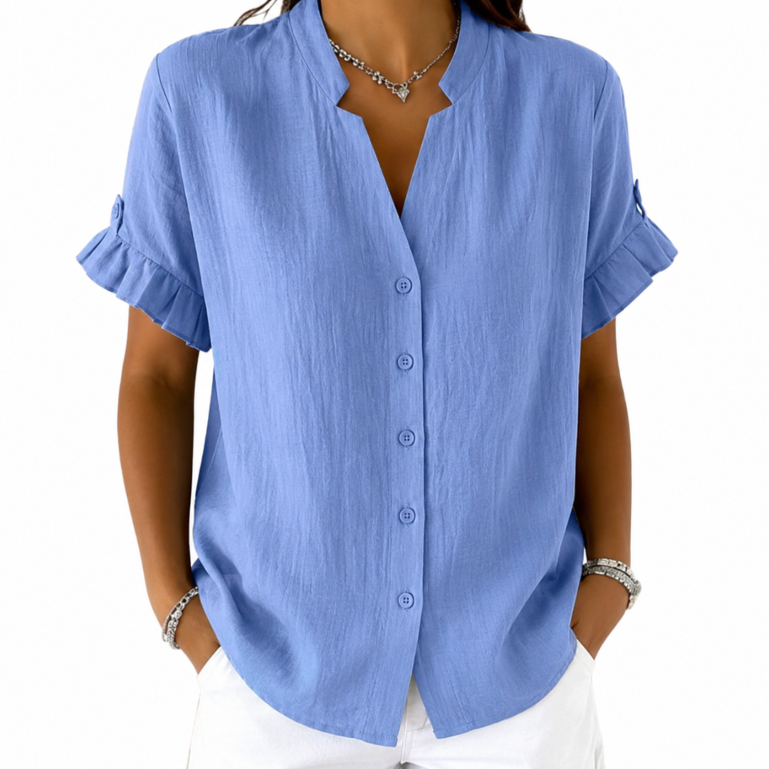 Notch Neck Ruffle Short Sleeve Button Front Blouse 2