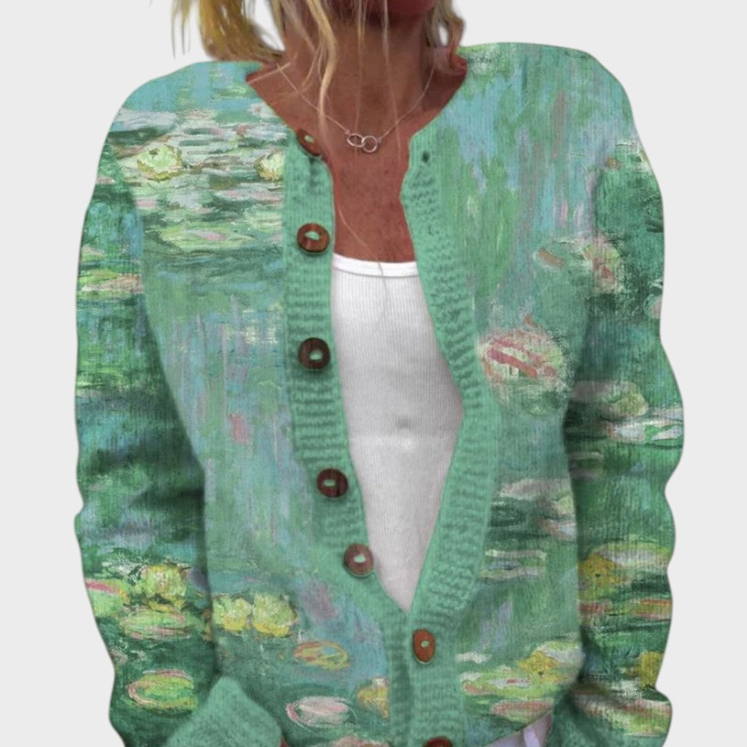 Water Lily Art Print Button Front Cardigan