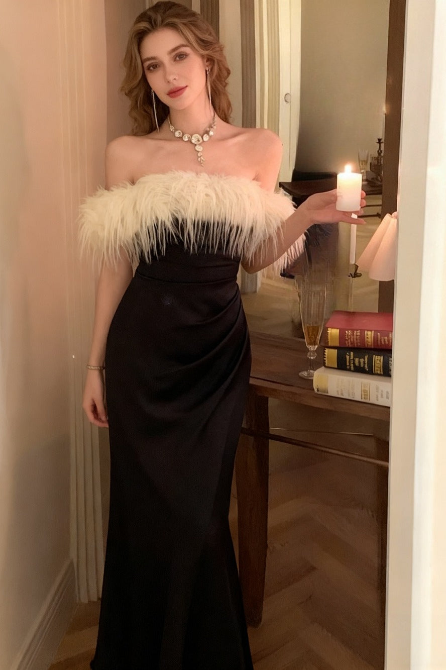 Satin Strapless Feather Trim Ruched Wrap Midi Dress - View 3