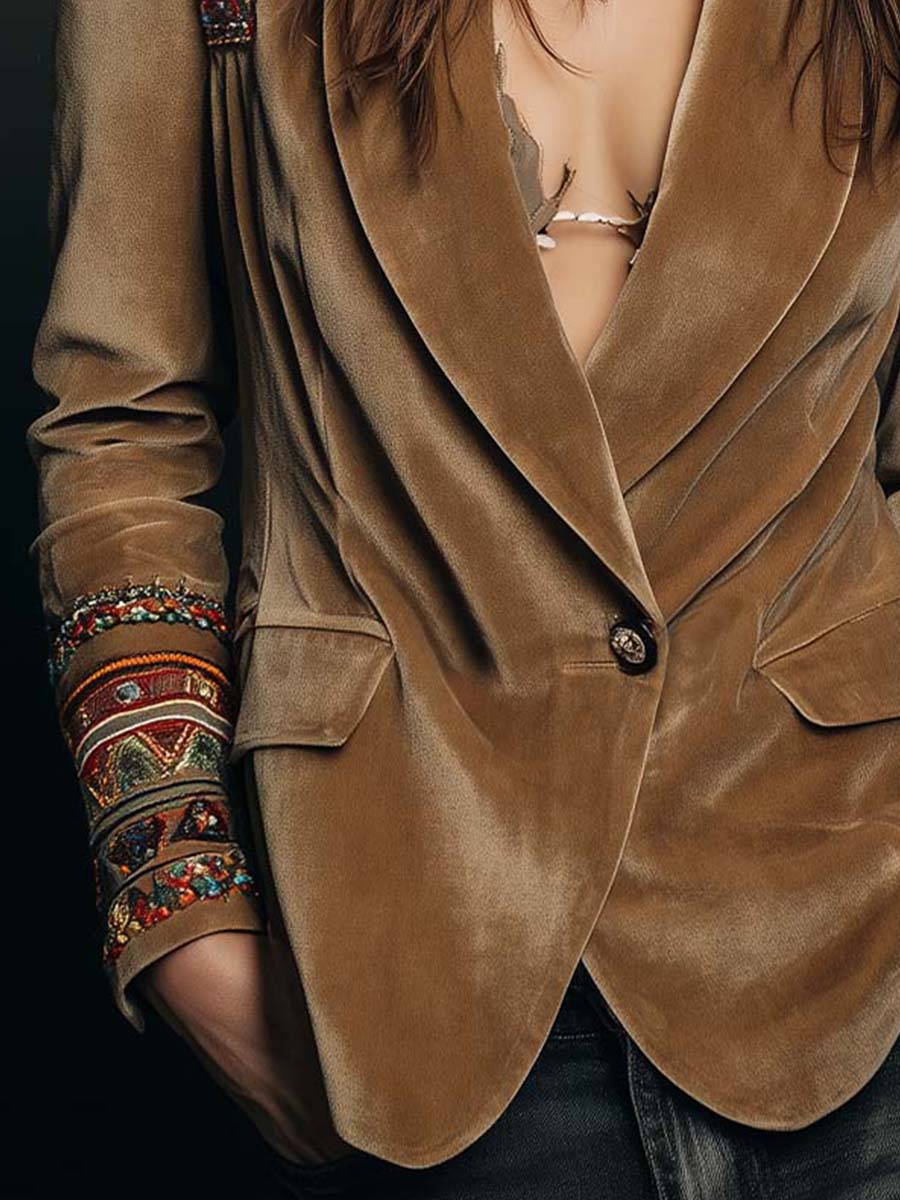 Embroidered Trim Single Button Velvet Blazer 8