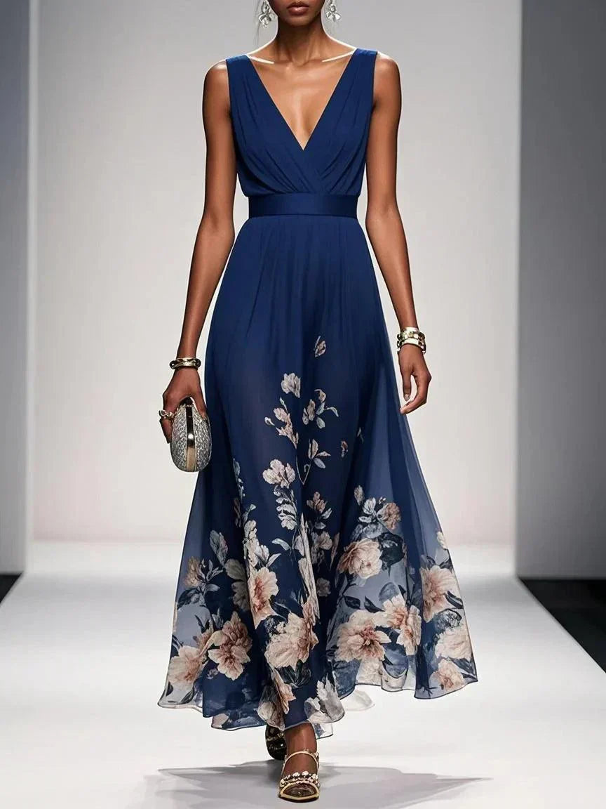 Floral Chiffon Deep V-Neck Sleeveless Pleated Maxi Dress 2