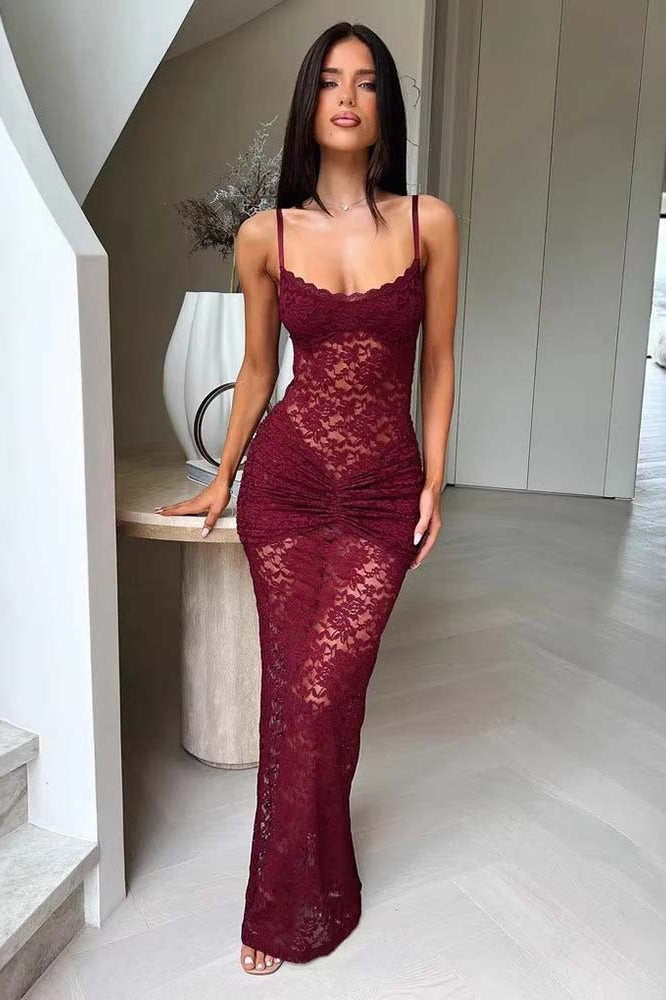 Scalloped Neck Spaghetti Strap Sheer Lace Bodycon Maxi Dress 2