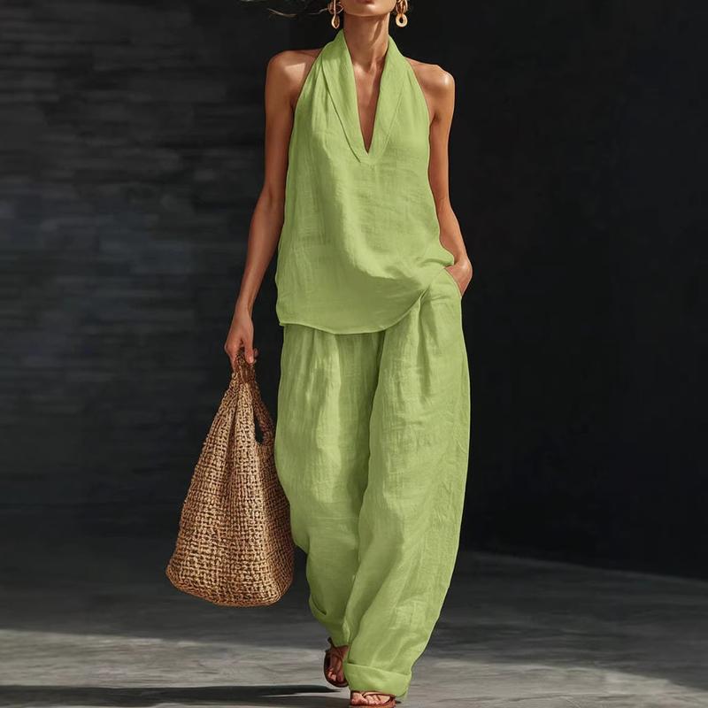 Halter Deep V-Neck Top and Wide Leg Pants Two Piece Set 8