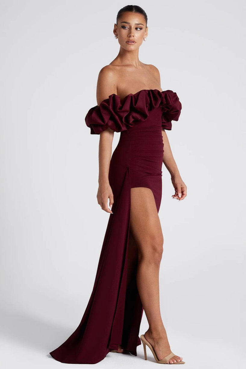 Off Shoulder Ruffle Ruched High Split Mermaid Gown - View 3