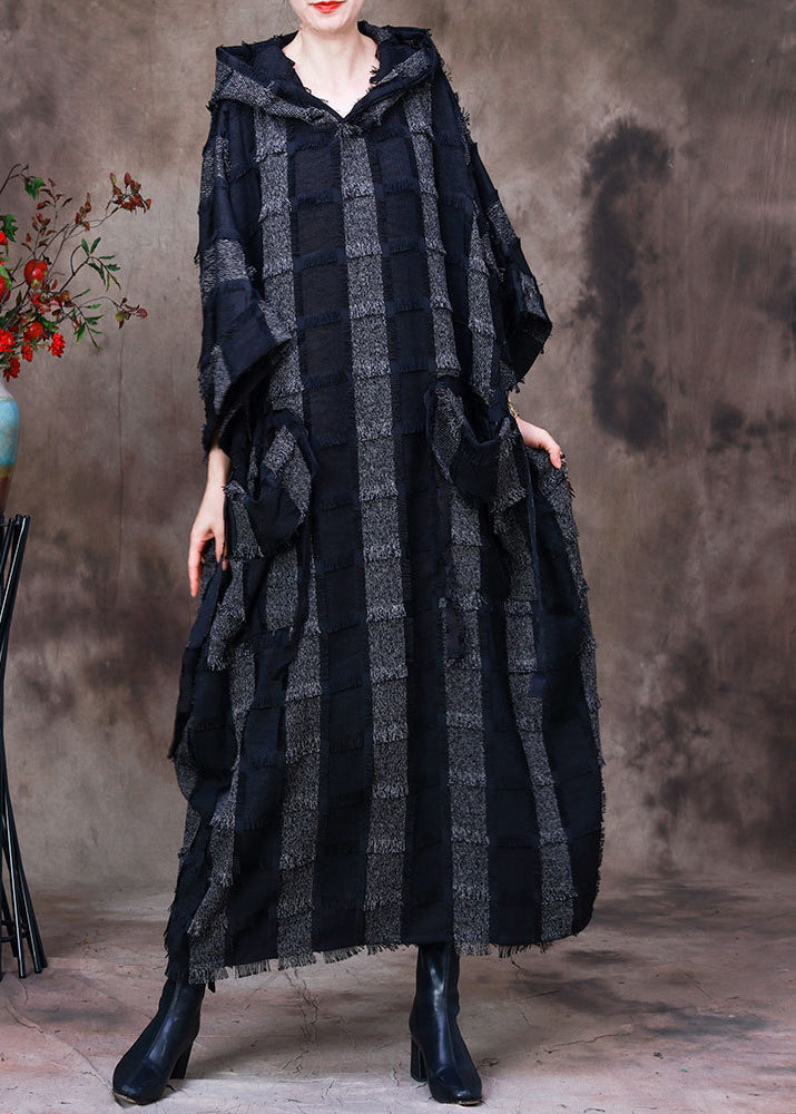 Hooded Patchwork Frayed Edge Pocket Drop Shoulder Maxi Dress