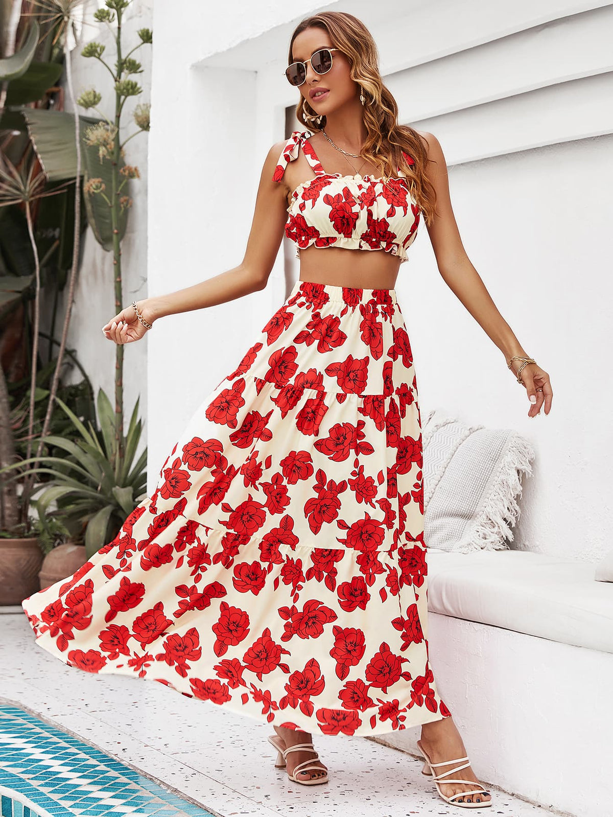 Skirt Tie Tiered Top With Full-Length Flowered Shoulder