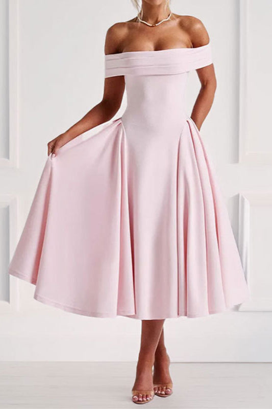 Off Shoulder Pleated Fit and Flare Midi Party Dress - View 7