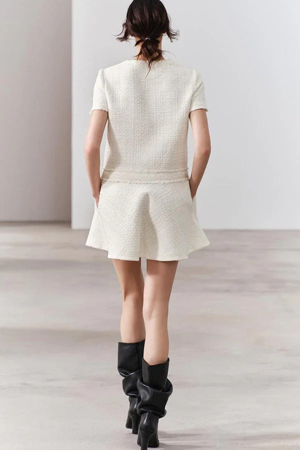 Textured Boucle Gold Button Short Sleeve A-Line Mini Dress - View 8