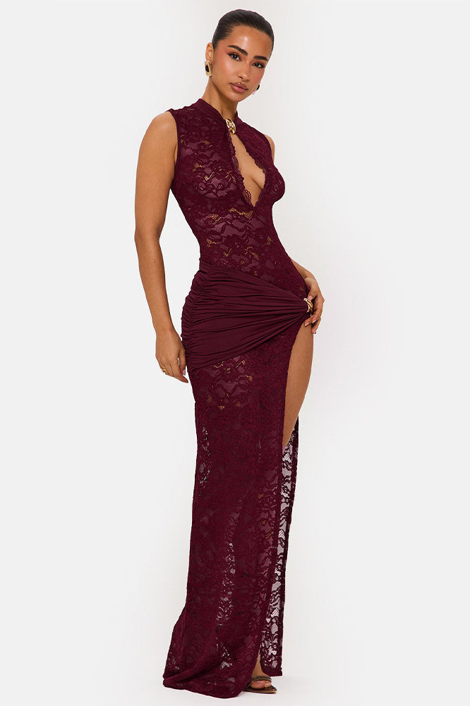Sleeveless Lace High Slit Maxi Dress - View 7