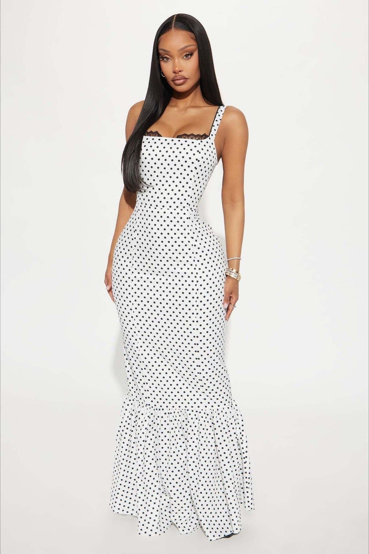 Polka Dot Lace Trim Square Neck Spaghetti Strap Mermaid Maxi Dress - View 3