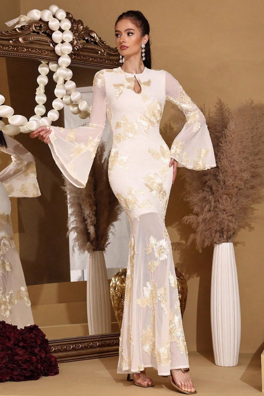 Embroidered Mesh Keyhole Bell Sleeve Mermaid Gown - View 4