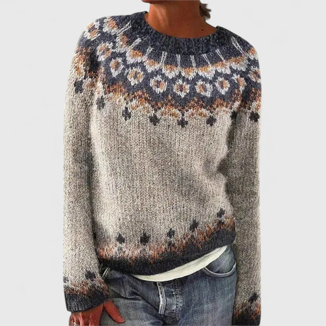 Crew Neck Nordic Yoke Fair Isle Knit Sweater