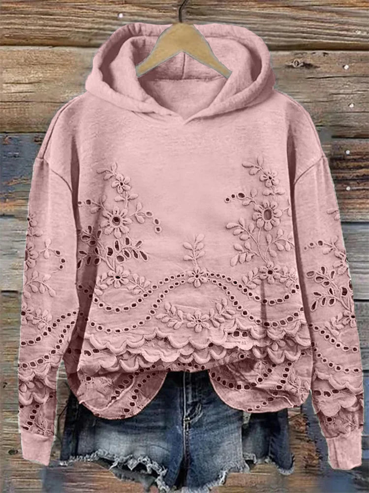 Floral Eyelet Embroidered Scalloped Hem Hoodie Sweatshirt